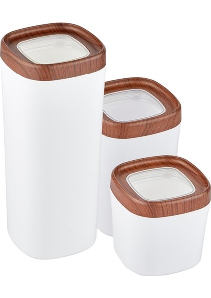 Bonny Erzak Saklama Kabı 3lü Set Ahşap Kaplama Kapak Renkli Hazne 1,8lt - 1lt - 600ML Koyu Ahşap