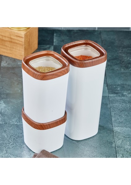 Bonny Erzak Saklama Kabı 3lü Set Ahşap Kaplama Kapak Renkli Hazne 1,8lt - 1lt - 600ML Koyu Ahşap modelleri