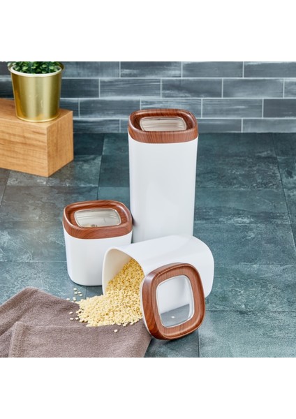 Bonny Erzak Saklama Kabı 3lü Set Ahşap Kaplama Kapak Renkli Hazne 1,8lt - 1lt - 600ML Koyu Ahşap