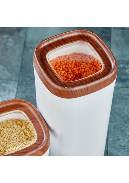 Bonny Erzak Saklama Kabı 3lü Set Ahşap Kaplama Kapak Renkli Hazne 1,8lt - 1lt - 600ML Koyu Ahşap
