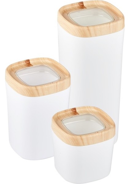 Bonny Erzak Saklama Kabı 3lü Set Ahşap Kaplama Kapak Renkli Hazne 1,8lt - 1lt - 600ML Açık Ahşap