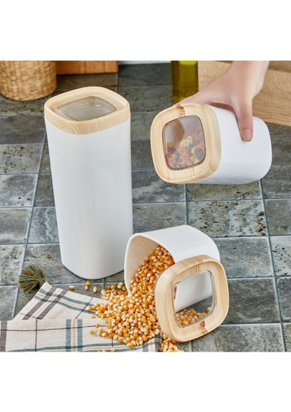 Bonny Erzak Saklama Kabı 3lü Set Ahşap Kaplama Kapak Renkli Hazne 1,8lt - 1lt - 600ML Açık Ahşap indirimleri