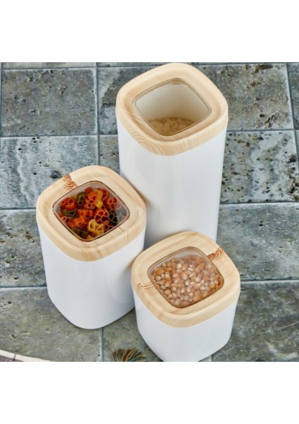 Bonny Erzak Saklama Kabı 3lü Set Ahşap Kaplama Kapak Renkli Hazne 1,8lt - 1lt - 600ML Açık Ahşap