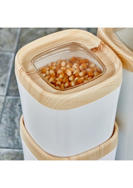 Bonny Erzak Saklama Kabı 3lü Set Ahşap Kaplama Kapak Renkli Hazne 1,8lt - 1lt - 600ML Açık Ahşap