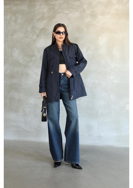 Kadın Lacivert Beli Büzgülü Kısa Trençkot
