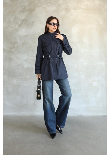 Kadın Lacivert Beli Büzgülü Kısa Trençkot fiyatları