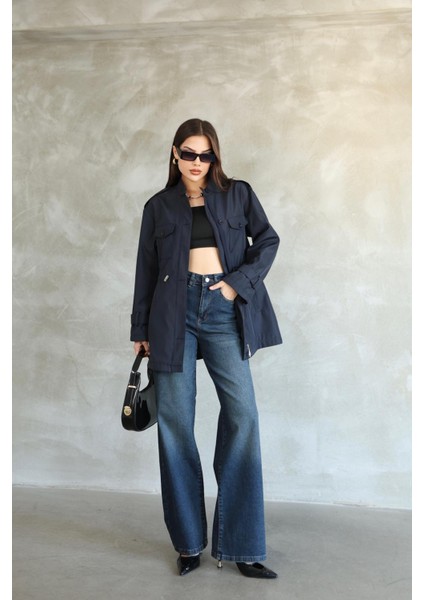 Kadın Lacivert Beli Büzgülü Kısa Trençkot modelleri