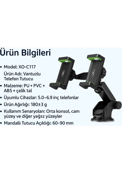 5.0-6.9 Inç Uyumlu Çift Mandallı Vakumlu 360° Döner Telefon Tutucu modelleri