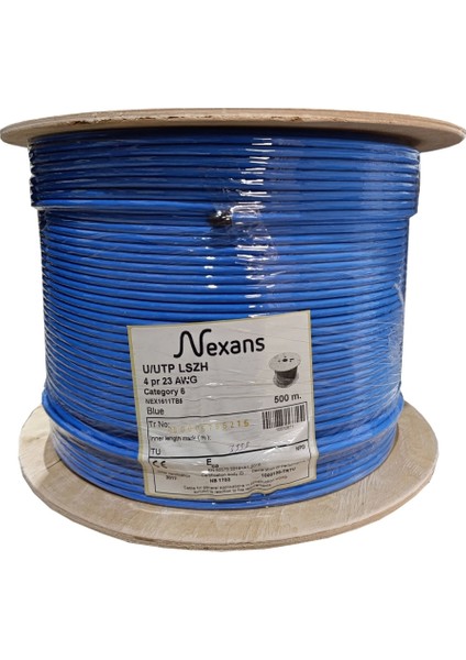 NEX1611TB5, Mavi, Cat6, 500M, 23AWG (0,58MM), Utp, %100 Bakır, Lszh Halogen Free, Makara, Kablo