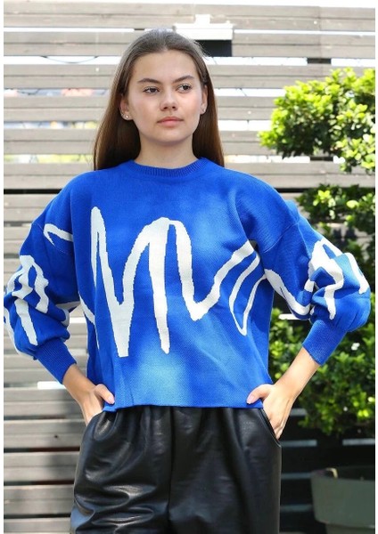 Beyaz Çizgili Bisiklet Yaka Kazak Saksmavisi fiyatları