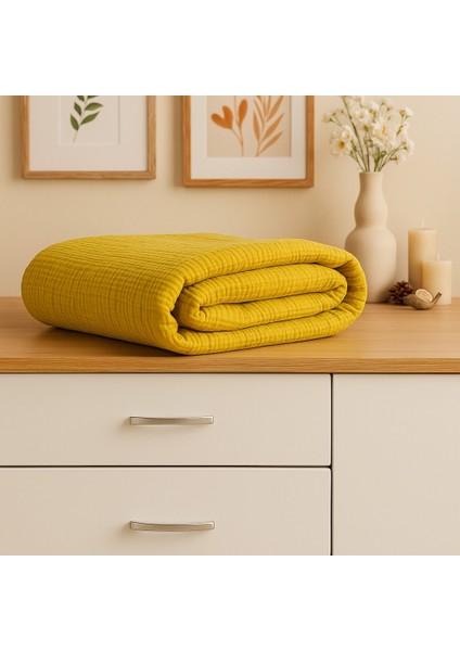 Müslin %100 Pamuk Çift Kişilik 4 Katlı Hardal Sarısı Renk Yatak Örtüsü 240X230 Cm. fiyatları