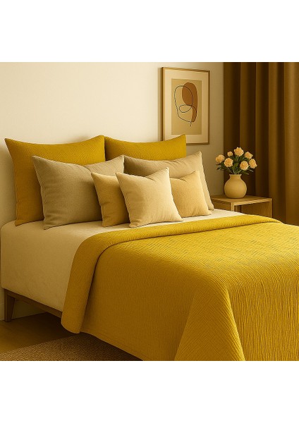 Müslin %100 Pamuk Çift Kişilik 4 Katlı Hardal Sarısı Renk Yatak Örtüsü 240X230 Cm. modelleri