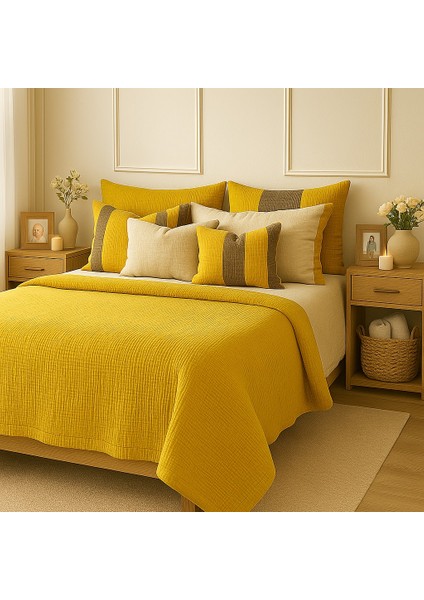 Müslin %100 Pamuk Çift Kişilik 4 Katlı Hardal Sarısı Renk Yatak Örtüsü 240X230 Cm. fırsatları