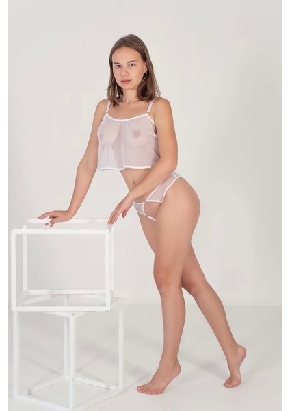 Özel Bölgesi Açık Beyaz Tül Fantezi Sütyen Takımı TM1294 modelleri