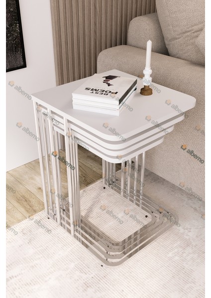 Orkide Tekerlekli 4 Lü Zigon Sehpa Gümüş- Beyaz Mdf Zigon Sehpa