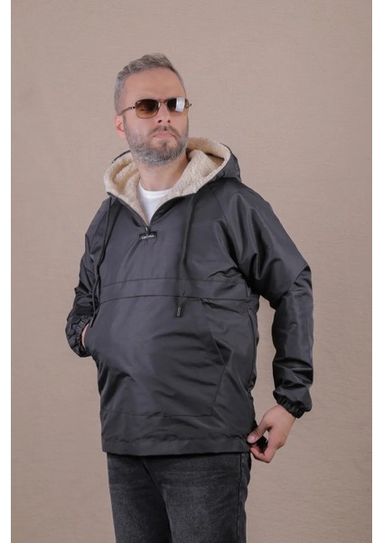 Kanguru Cepli Kürklü Erkek Yağmurluk Mont