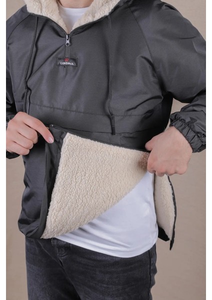 Kanguru Cepli Kürklü Erkek Yağmurluk Mont