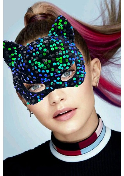 Siyah Kadife Kumaş Üzerine Mavi Yeşil Payetli Pullu Parti Maskesi 16X14 cm fiyatları