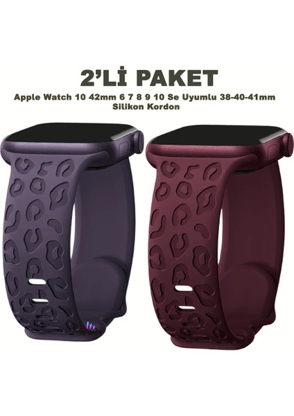 Apple Watch 10 42MM – 6 7 8 9 10 Se Uyumlu 38-40-41MM Leopar Desenli 2'li Silikon Kordon Seti