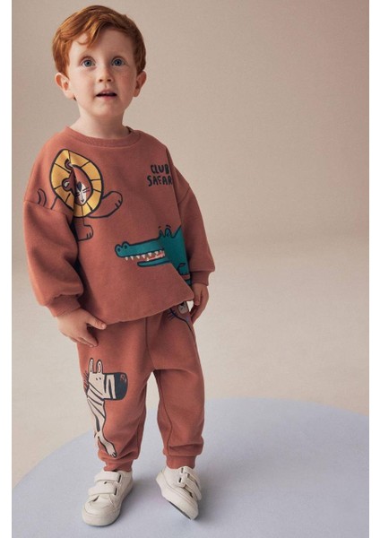 Yeni Sezon Erkek Çocuk Timsah Baskılı 3iplik Şardonsuz Pamuklu Alt Üst Takım modelleri