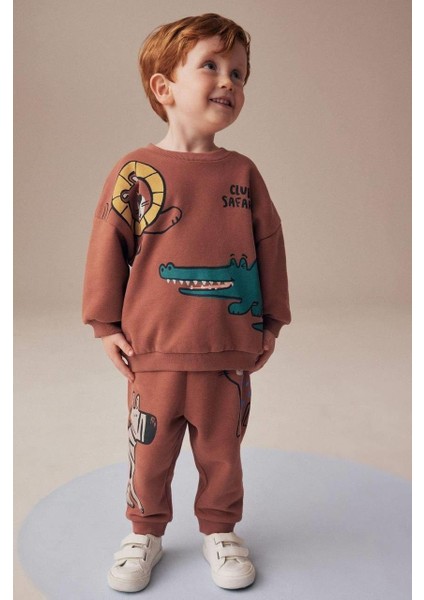 Yeni Sezon Erkek Çocuk Timsah Baskılı 3iplik Şardonsuz Pamuklu Alt Üst Takım modelleri