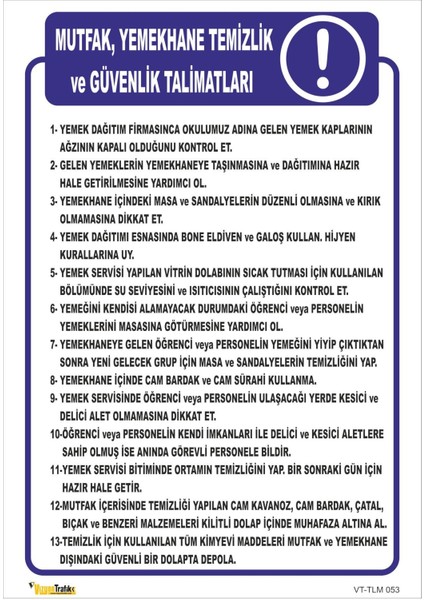 Mutfak Yemekhane Temizlik ve Güvenlik Talimatları Tlm 053 50X60 cm Dekota 3 mm