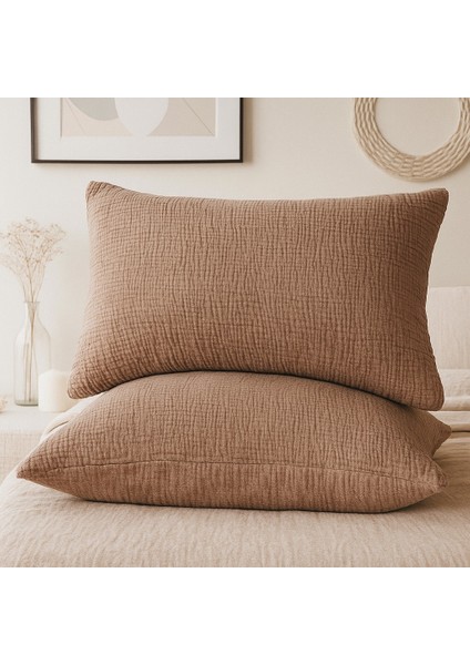 4 Katlı Müslin Kahverengi Renk 50X70 Cm. %100 Pamuklu 2 Adet Yastık Kılıfı