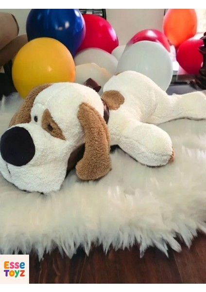 75 Cm Ekru Yatan Sevimli Peluş Köpek & Uyku Arkadaşı & Oyuncak