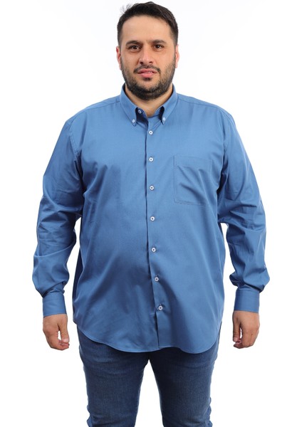 Erkek Büyük Beden Koyu Indigo Pamuk Düğmeli Yaka Cepli Uzun Kol Gömlek (8066)