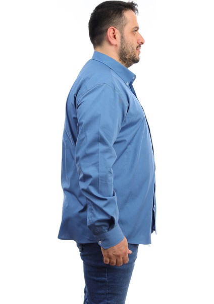 Erkek Büyük Beden Koyu Indigo Pamuk Düğmeli Yaka Cepli Uzun Kol Gömlek (8066) fiyatları