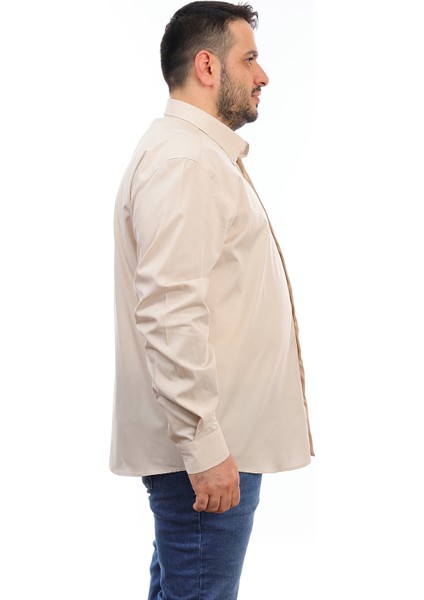 Erkek Büyük Beden Bej Pamuk Düğmeli Yaka Cepli Uzun Kol Gömlek (550) fiyatları