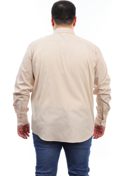 Erkek Büyük Beden Bej Pamuk Düğmeli Yaka Cepli Uzun Kol Gömlek (550) modelleri