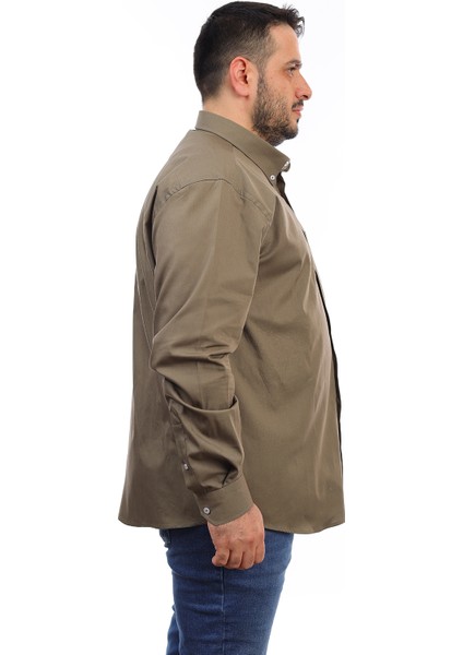 Erkek Büyük Beden Koyu Haki Pamuk Düğmeli Yaka Cepli Uzun Kol Gömlek (494) fiyatları