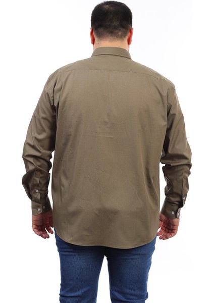 Erkek Büyük Beden Koyu Haki Pamuk Düğmeli Yaka Cepli Uzun Kol Gömlek (494) modelleri
