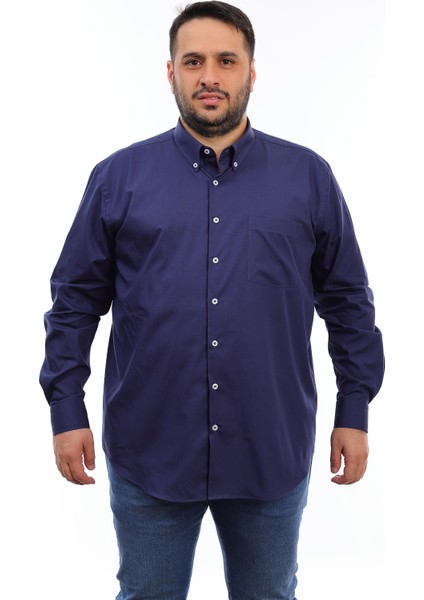 Erkek Büyük Beden Lacivert Pamuk Düğmeli Yaka Cepli Uzun Kol Gömlek (10304)