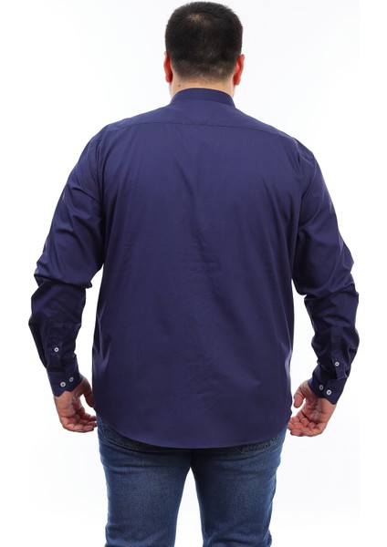 Erkek Büyük Beden Lacivert Pamuk Düğmeli Yaka Cepli Uzun Kol Gömlek (10304) modelleri
