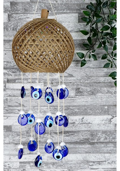 Mavi Nazar Boncuklu Işıklı Hasır Rüzgar Çanı - El Yapımı Bahçe ve Balkon Süsleme