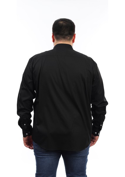 Erkek Büyük Beden Siyah Pamuk Düğmeli Yaka Cepli Uzun Kol Gömlek modelleri