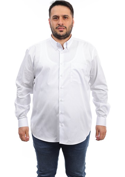 Erkek Büyük Beden Beyaz Pamuk Düğmeli Yaka Cepli Uzun Kol Gömlek