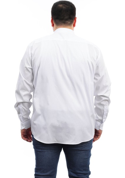 Erkek Büyük Beden Beyaz Pamuk Düğmeli Yaka Cepli Uzun Kol Gömlek modelleri