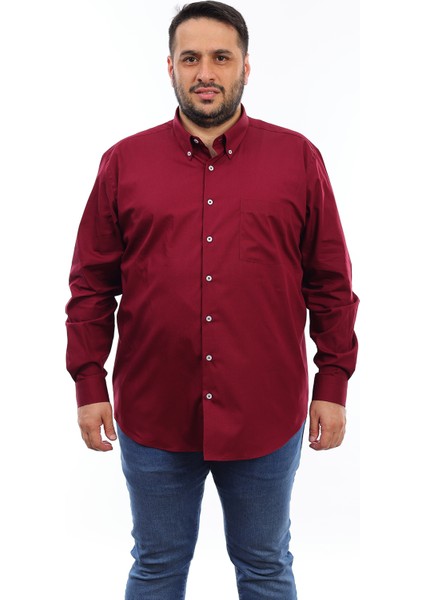 Erkek Büyük Beden Bordo Pamuk Düğmeli Yaka Cepli Uzun Kol Gömlek (6651)