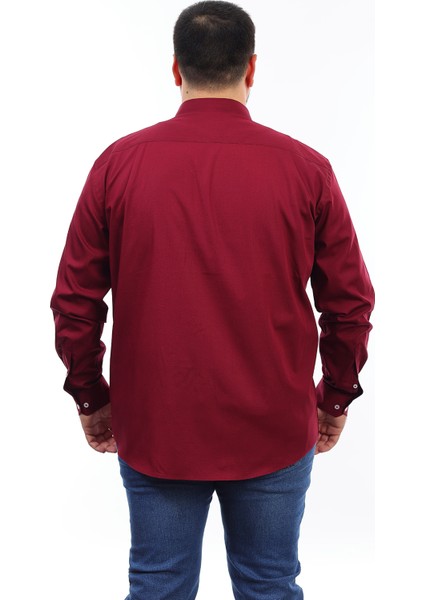 Erkek Büyük Beden Bordo Pamuk Düğmeli Yaka Cepli Uzun Kol Gömlek (6651) modelleri