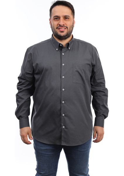 Erkek Büyük Beden Füme Pamuk Düğmeli Yaka Cepli Uzun Kol Gömlek (6601)