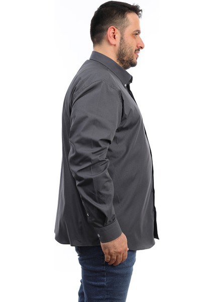 Erkek Büyük Beden Füme Pamuk Düğmeli Yaka Cepli Uzun Kol Gömlek (6601) fiyatları