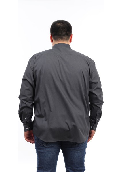 Erkek Büyük Beden Füme Pamuk Düğmeli Yaka Cepli Uzun Kol Gömlek (6601) modelleri