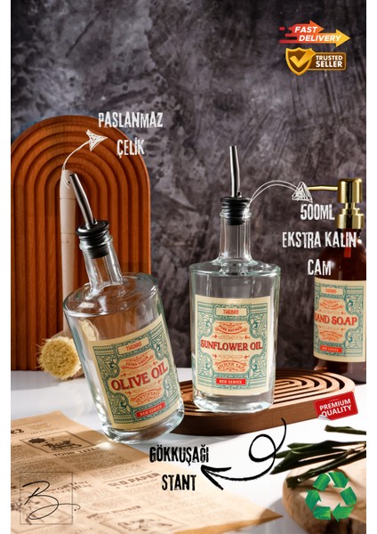 500ML Gökkuşağı Stantlı Şeffaf Kalın Camlı Red Serisi Zeytinyağı ve Ayçiçek Yağı Şişesi
