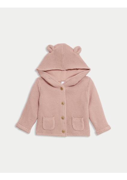 Saf Pamuk Kapşonlu Hırka (0-3 Yaş)