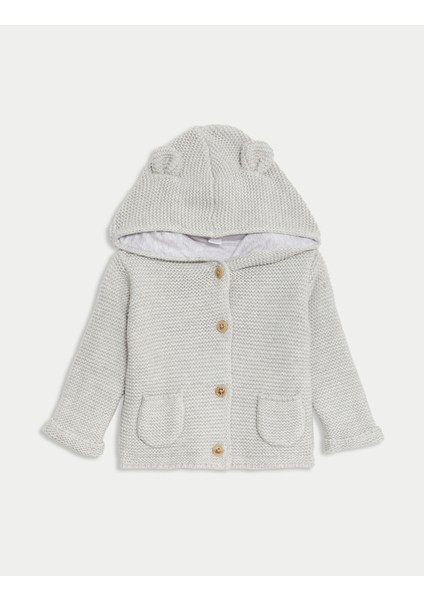 Saf Pamuk Kapşonlu Hırka (0-3 Yaş)