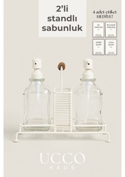Metal Standlı Cam Sabunluk Seti 2'li – Tutma Saplı- Pompalı Şişe - Etiketli – Mutfak Banyo Uyumlu