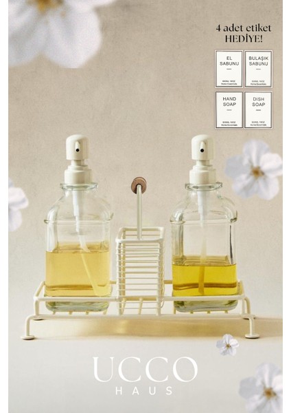 Metal Standlı Cam Sabunluk Seti 2'li – Tutma Saplı- Pompalı Şişe - Etiketli – Mutfak Banyo Uyumlu modelleri